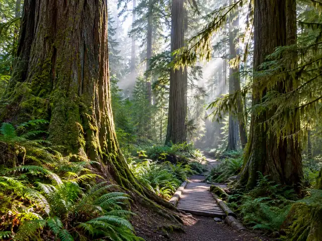 Wanderweg durch Urwald mit riesigen, moosbewachsenen Bäumen bei Longmire