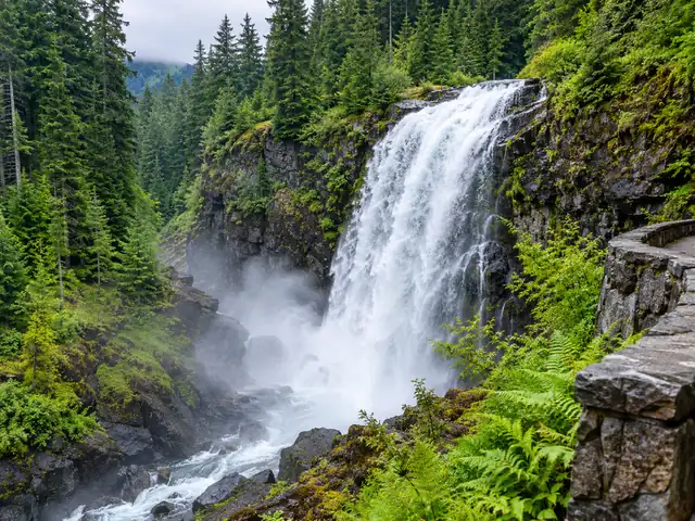 Die Narada Falls stürzen über dunkles Gestein in eine neblige Schlucht