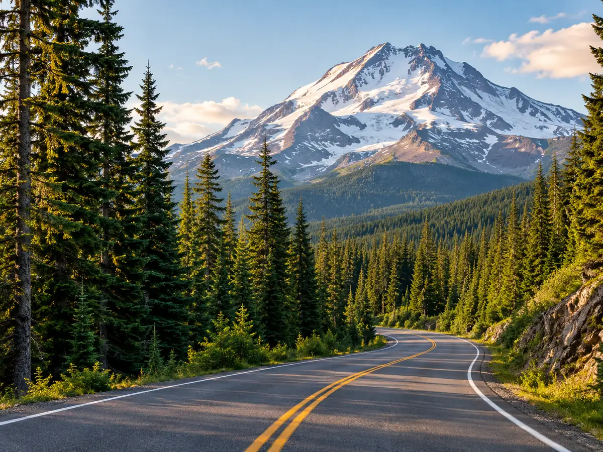 Bergstraße durch immergrünen Wald in Richtung Mount Rainier