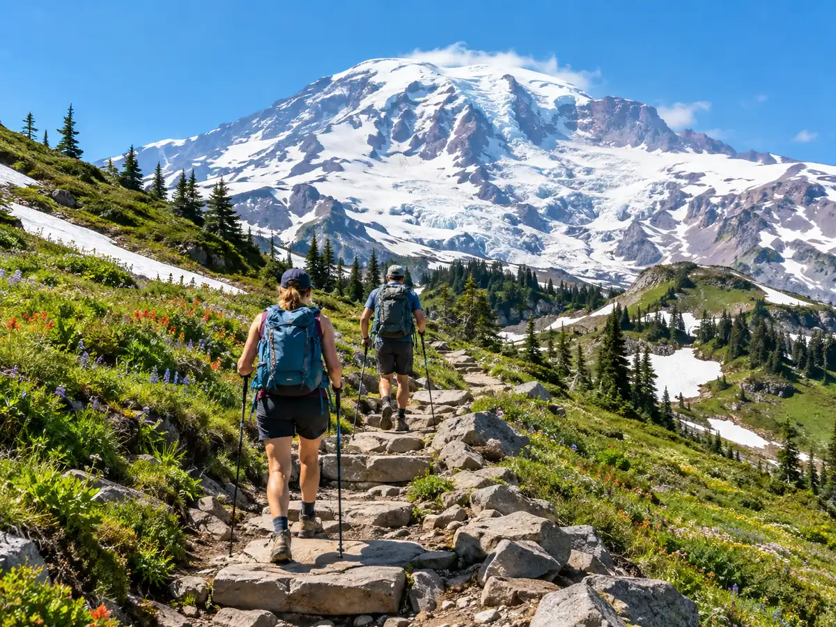 Wanderer auf dem Skyline Trail oberhalb von Paradise in Richtung Mount Rainier