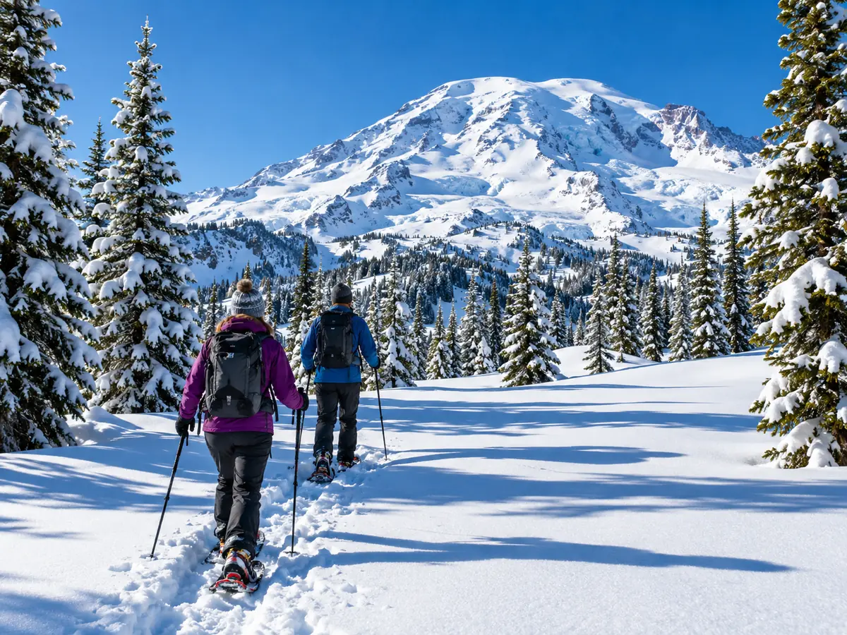Schneeschuhwanderer im tiefen Schnee in Paradise unterhalb des Mount Rainier