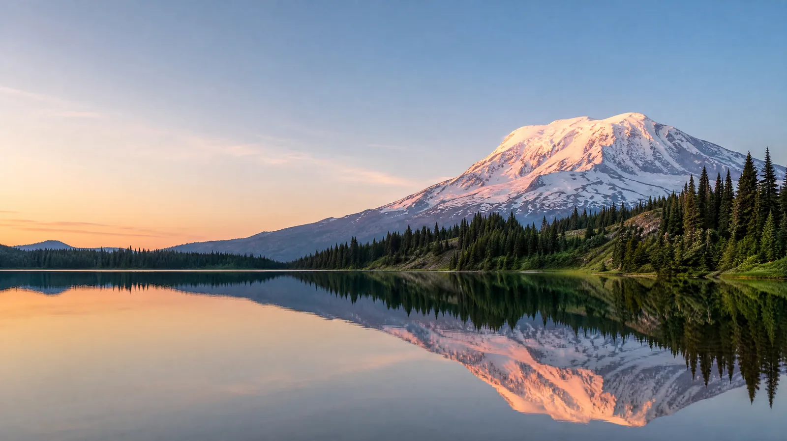 Mount Rainier in der goldenen Stunde, gespiegelt in einem ruhigen subalpinen See
